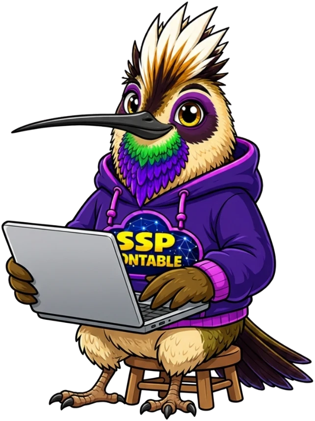 Coliconta, la mascota de SSP Contable, trabajando en su portátil